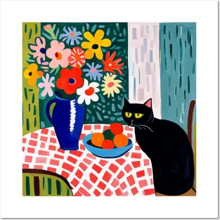 Black Cat in Still Life Painting with Flower Vase Posters and Art